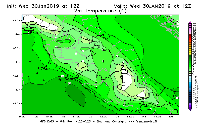 Mappa di analisi GFS - Temperatura a 2 metri dal suolo [°C] in Centro-Italia
							del 30/01/2019 12 <!--googleoff: index-->UTC<!--googleon: index-->