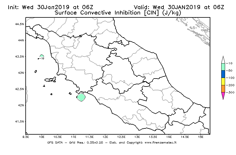 Mappa di analisi GFS - CIN [J/kg] in Centro-Italia
							del 30/01/2019 06 <!--googleoff: index-->UTC<!--googleon: index-->