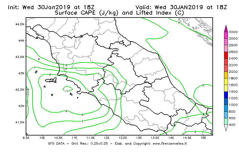 Mappa di analisi GFS - CAPE [J/kg] e Lifted Index [°C] in Centro-Italia
							del 30/01/2019 18 <!--googleoff: index-->UTC<!--googleon: index-->