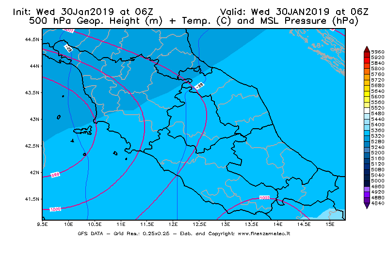 Mappa di analisi GFS - Geopotenziale [m] + Temp. [°C] a 500 hPa + Press. a livello del mare [hPa] in Centro-Italia
							del 30/01/2019 06 <!--googleoff: index-->UTC<!--googleon: index-->