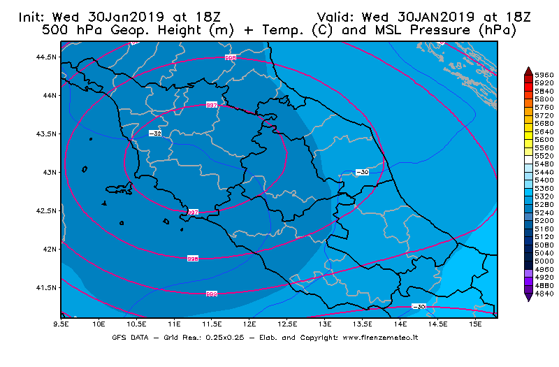 Mappa di analisi GFS - Geopotenziale [m] + Temp. [°C] a 500 hPa + Press. a livello del mare [hPa] in Centro-Italia
							del 30/01/2019 18 <!--googleoff: index-->UTC<!--googleon: index-->