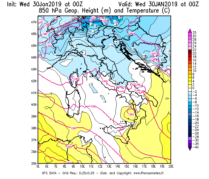 Mappa di analisi GFS - Geopotenziale [m] e Temperatura [°C] a 850 hPa in Italia
							del 30/01/2019 00 <!--googleoff: index-->UTC<!--googleon: index-->