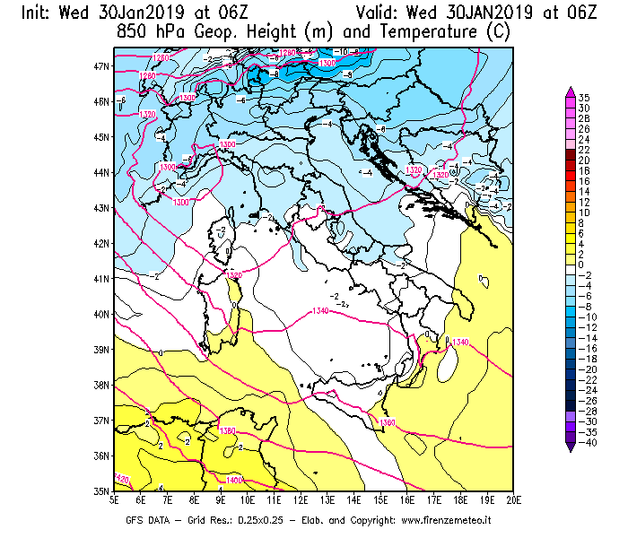 Mappa di analisi GFS - Geopotenziale [m] e Temperatura [°C] a 850 hPa in Italia
							del 30/01/2019 06 <!--googleoff: index-->UTC<!--googleon: index-->