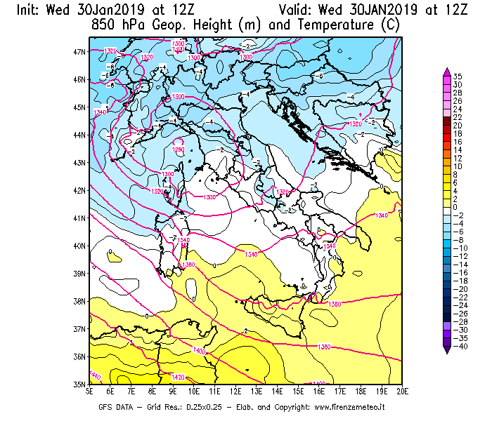 Mappa di analisi GFS - Geopotenziale [m] e Temperatura [°C] a 850 hPa in Italia
							del 30/01/2019 12 <!--googleoff: index-->UTC<!--googleon: index-->