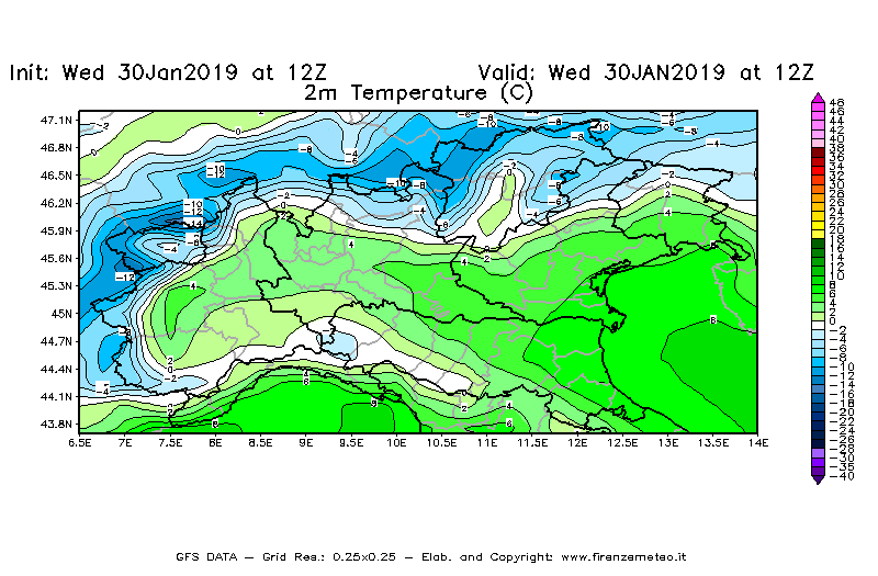 Mappa di analisi GFS - Temperatura a 2 metri dal suolo [°C] in Nord-Italia
							del 30/01/2019 12 <!--googleoff: index-->UTC<!--googleon: index-->