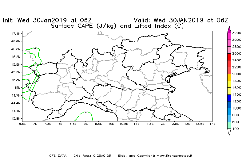Mappa di analisi GFS - CAPE [J/kg] e Lifted Index [°C] in Nord-Italia
							del 30/01/2019 06 <!--googleoff: index-->UTC<!--googleon: index-->