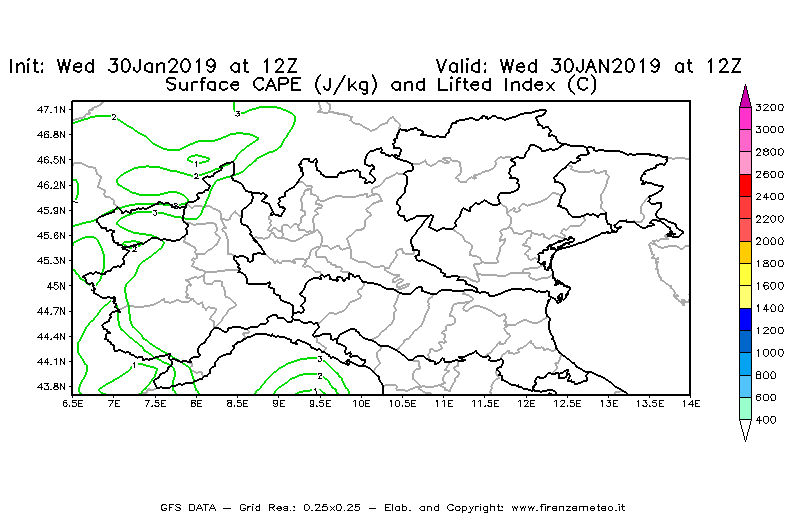 Mappa di analisi GFS - CAPE [J/kg] e Lifted Index [°C] in Nord-Italia
							del 30/01/2019 12 <!--googleoff: index-->UTC<!--googleon: index-->