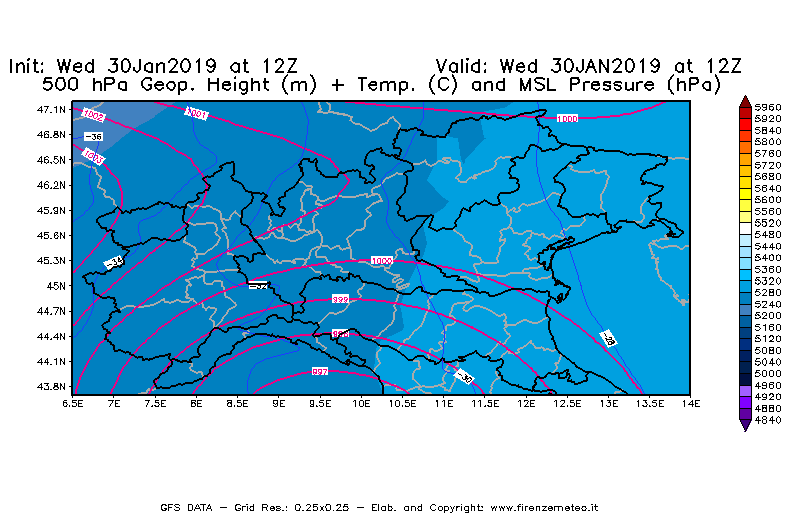 Mappa di analisi GFS - Geopotenziale [m] + Temp. [°C] a 500 hPa + Press. a livello del mare [hPa] in Nord-Italia
							del 30/01/2019 12 <!--googleoff: index-->UTC<!--googleon: index-->