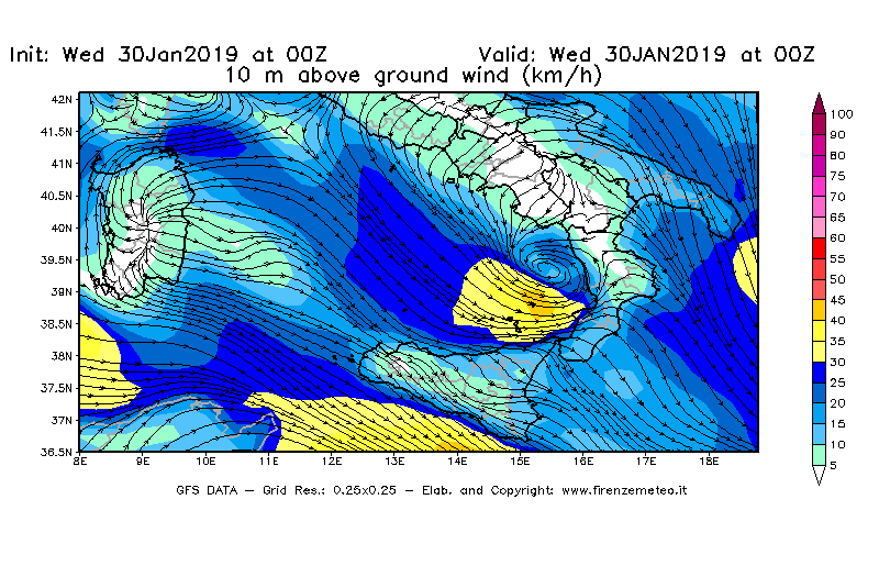 Mappa di analisi GFS - Velocità del vento a 10 metri dal suolo [km/h] in Sud-Italia
							del 30/01/2019 00 <!--googleoff: index-->UTC<!--googleon: index-->