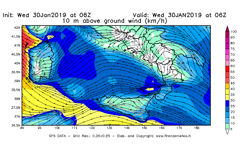 Mappa di analisi GFS - Velocità del vento a 10 metri dal suolo [km/h] in Sud-Italia
							del 30/01/2019 06 <!--googleoff: index-->UTC<!--googleon: index-->