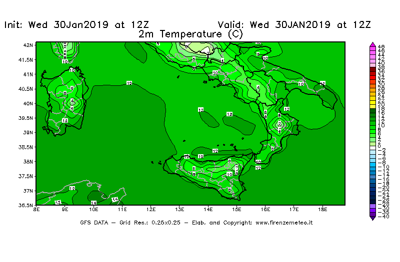 Mappa di analisi GFS - Temperatura a 2 metri dal suolo [°C] in Sud-Italia
							del 30/01/2019 12 <!--googleoff: index-->UTC<!--googleon: index-->