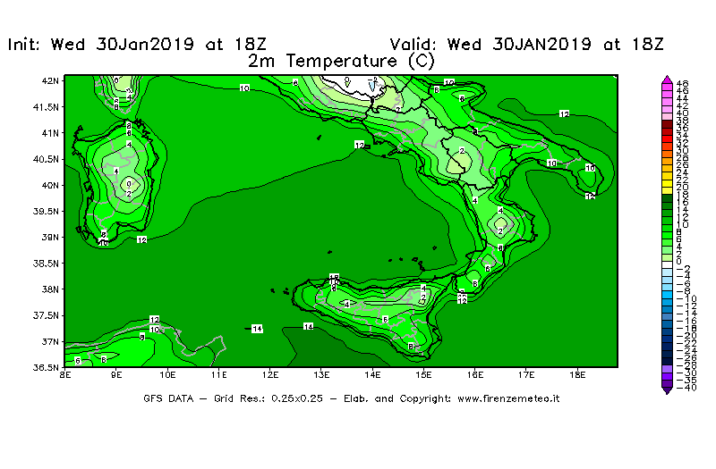 Mappa di analisi GFS - Temperatura a 2 metri dal suolo [°C] in Sud-Italia
							del 30/01/2019 18 <!--googleoff: index-->UTC<!--googleon: index-->