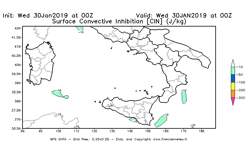 Mappa di analisi GFS - CIN [J/kg] in Sud-Italia
							del 30/01/2019 00 <!--googleoff: index-->UTC<!--googleon: index-->