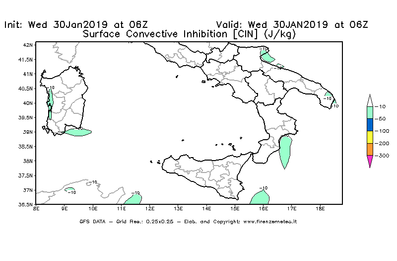 Mappa di analisi GFS - CIN [J/kg] in Sud-Italia
							del 30/01/2019 06 <!--googleoff: index-->UTC<!--googleon: index-->
