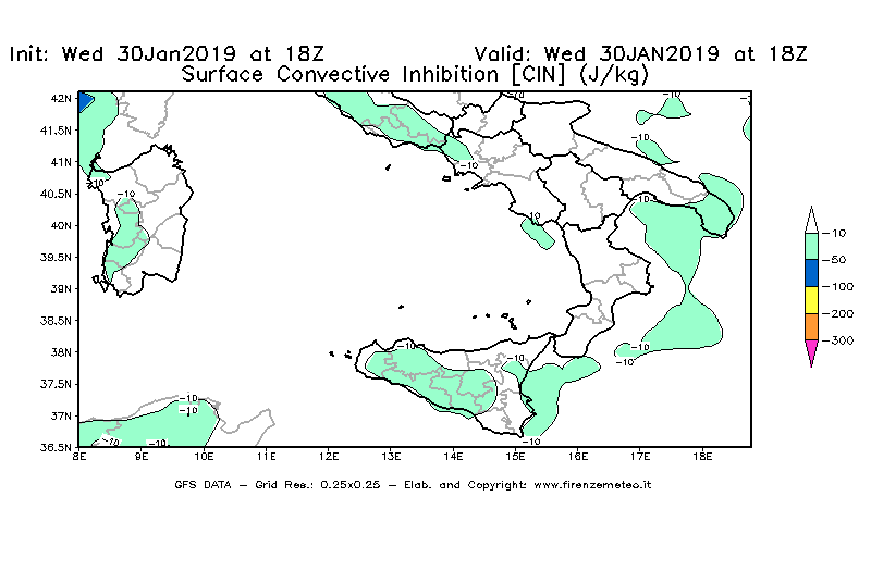Mappa di analisi GFS - CIN [J/kg] in Sud-Italia
							del 30/01/2019 18 <!--googleoff: index-->UTC<!--googleon: index-->