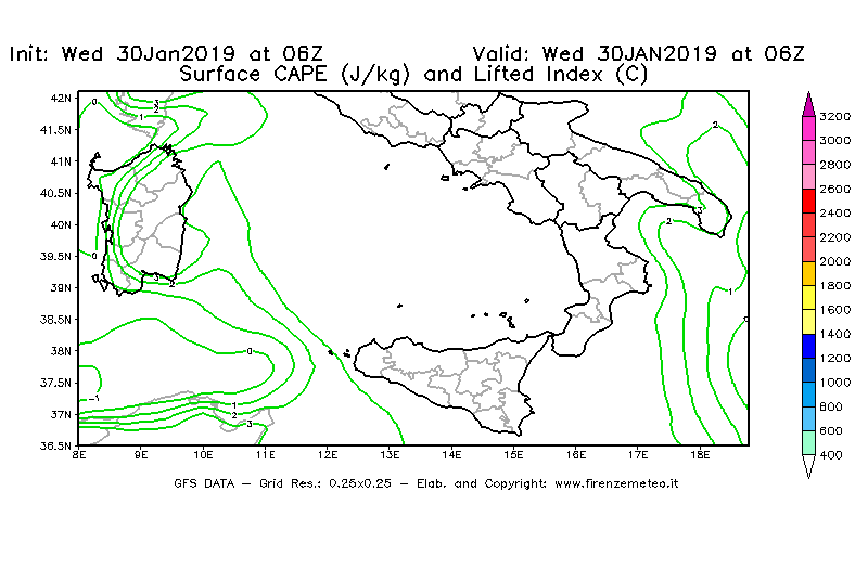 Mappa di analisi GFS - CAPE [J/kg] e Lifted Index [°C] in Sud-Italia
							del 30/01/2019 06 <!--googleoff: index-->UTC<!--googleon: index-->
