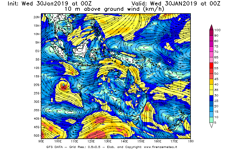 Mappa di analisi GFS - Velocità del vento a 10 metri dal suolo [km/h] in Oceania
							del 30/01/2019 00 <!--googleoff: index-->UTC<!--googleon: index-->