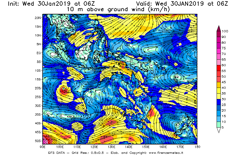 Mappa di analisi GFS - Velocità del vento a 10 metri dal suolo [km/h] in Oceania
							del 30/01/2019 06 <!--googleoff: index-->UTC<!--googleon: index-->