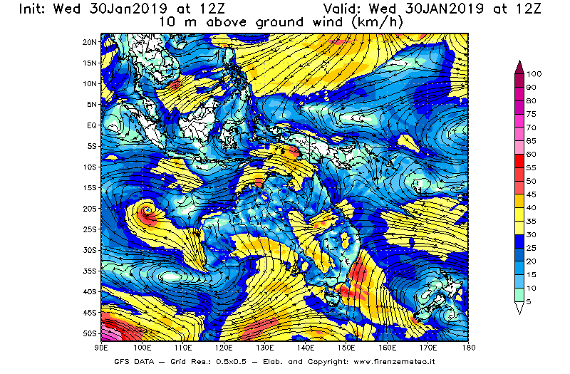 Mappa di analisi GFS - Velocità del vento a 10 metri dal suolo [km/h] in Oceania
							del 30/01/2019 12 <!--googleoff: index-->UTC<!--googleon: index-->