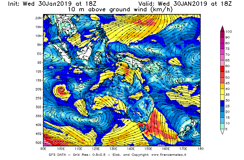 Mappa di analisi GFS - Velocità del vento a 10 metri dal suolo [km/h] in Oceania
							del 30/01/2019 18 <!--googleoff: index-->UTC<!--googleon: index-->