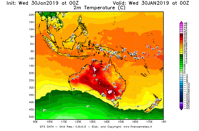 Mappa di analisi GFS - Temperatura a 2 metri dal suolo [°C] in Oceania
							del 30/01/2019 00 <!--googleoff: index-->UTC<!--googleon: index-->