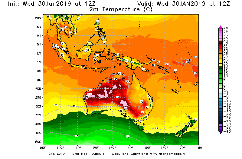 Mappa di analisi GFS - Temperatura a 2 metri dal suolo [°C] in Oceania
							del 30/01/2019 12 <!--googleoff: index-->UTC<!--googleon: index-->