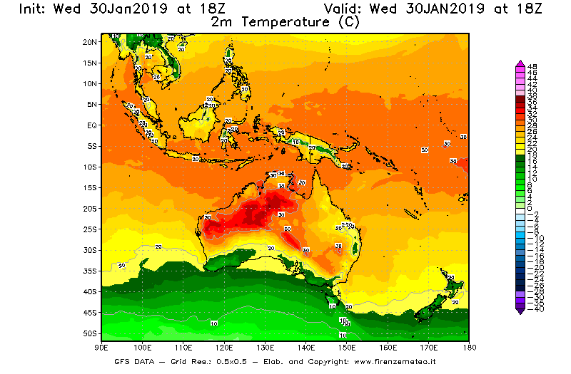 Mappa di analisi GFS - Temperatura a 2 metri dal suolo [°C] in Oceania
							del 30/01/2019 18 <!--googleoff: index-->UTC<!--googleon: index-->