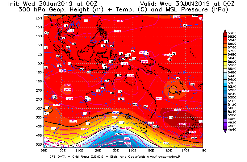 Mappa di analisi GFS - Geopotenziale [m] + Temp. [°C] a 500 hPa + Press. a livello del mare [hPa] in Oceania
							del 30/01/2019 00 <!--googleoff: index-->UTC<!--googleon: index-->