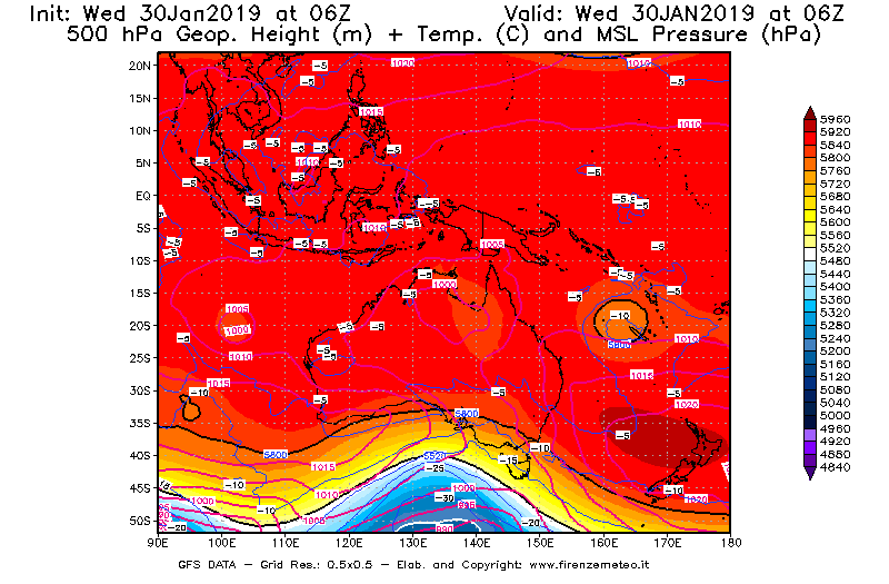 Mappa di analisi GFS - Geopotenziale [m] + Temp. [°C] a 500 hPa + Press. a livello del mare [hPa] in Oceania
							del 30/01/2019 06 <!--googleoff: index-->UTC<!--googleon: index-->