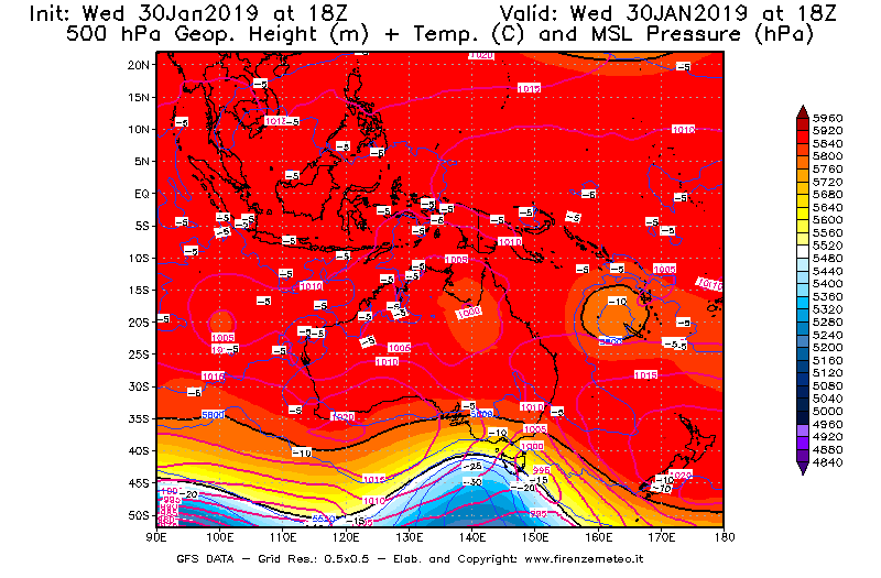 Mappa di analisi GFS - Geopotenziale [m] + Temp. [°C] a 500 hPa + Press. a livello del mare [hPa] in Oceania
							del 30/01/2019 18 <!--googleoff: index-->UTC<!--googleon: index-->