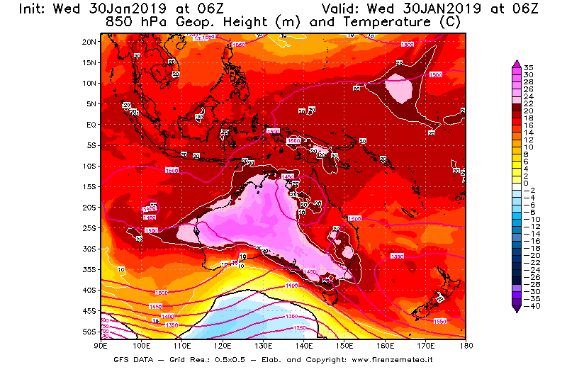 Mappa di analisi GFS - Geopotenziale [m] e Temperatura [°C] a 850 hPa in Oceania
							del 30/01/2019 06 <!--googleoff: index-->UTC<!--googleon: index-->