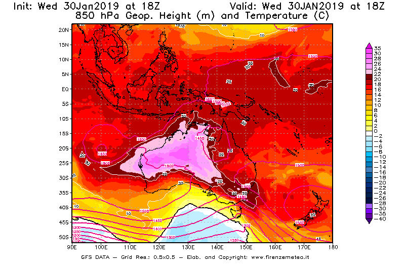 Mappa di analisi GFS - Geopotenziale [m] e Temperatura [°C] a 850 hPa in Oceania
							del 30/01/2019 18 <!--googleoff: index-->UTC<!--googleon: index-->