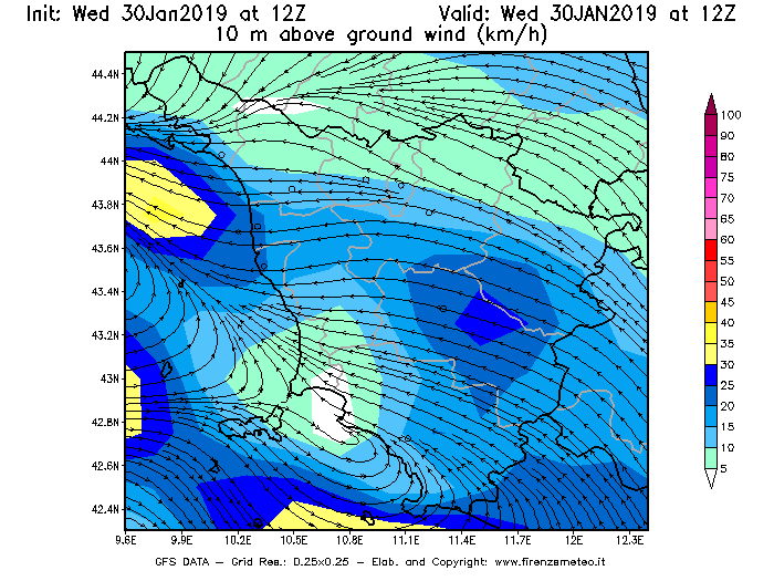 Mappa di analisi GFS - Velocità del vento a 10 metri dal suolo [km/h] in Toscana
							del 30/01/2019 12 <!--googleoff: index-->UTC<!--googleon: index-->