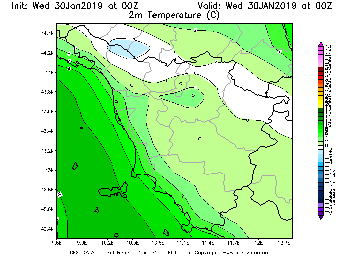 Mappa di analisi GFS - Temperatura a 2 metri dal suolo [°C] in Toscana
							del 30/01/2019 00 <!--googleoff: index-->UTC<!--googleon: index-->