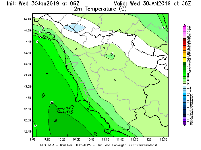 Mappa di analisi GFS - Temperatura a 2 metri dal suolo [°C] in Toscana
							del 30/01/2019 06 <!--googleoff: index-->UTC<!--googleon: index-->
