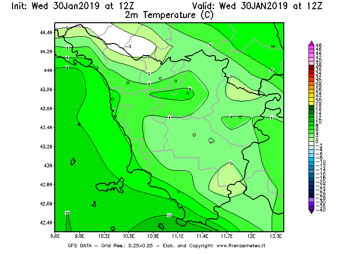 Mappa di analisi GFS - Temperatura a 2 metri dal suolo [°C] in Toscana
							del 30/01/2019 12 <!--googleoff: index-->UTC<!--googleon: index-->