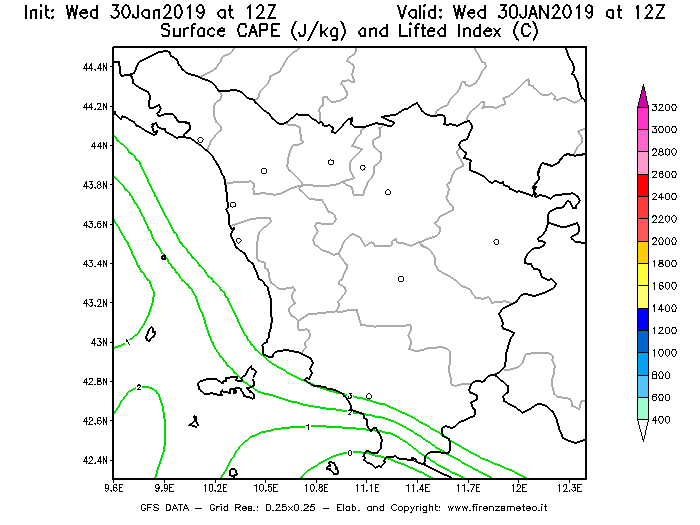 Mappa di analisi GFS - CAPE [J/kg] e Lifted Index [°C] in Toscana
							del 30/01/2019 12 <!--googleoff: index-->UTC<!--googleon: index-->