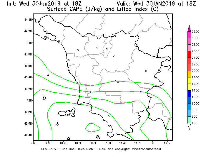 Mappa di analisi GFS - CAPE [J/kg] e Lifted Index [°C] in Toscana
							del 30/01/2019 18 <!--googleoff: index-->UTC<!--googleon: index-->