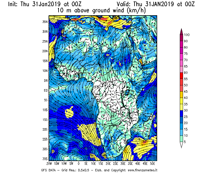 Mappa di analisi GFS - Velocità del vento a 10 metri dal suolo [km/h] in Africa
							del 31/01/2019 00 <!--googleoff: index-->UTC<!--googleon: index-->