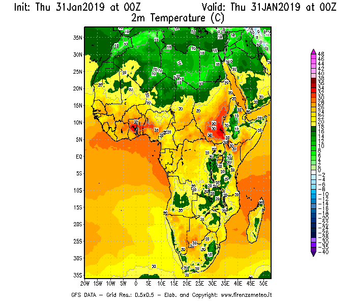 Mappa di analisi GFS - Temperatura a 2 metri dal suolo [°C] in Africa
							del 31/01/2019 00 <!--googleoff: index-->UTC<!--googleon: index-->