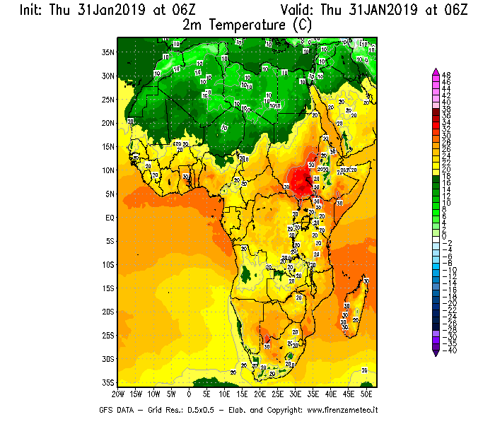 Mappa di analisi GFS - Temperatura a 2 metri dal suolo [°C] in Africa
							del 31/01/2019 06 <!--googleoff: index-->UTC<!--googleon: index-->