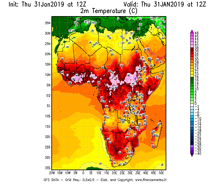 Mappa di analisi GFS - Temperatura a 2 metri dal suolo [°C] in Africa
							del 31/01/2019 12 <!--googleoff: index-->UTC<!--googleon: index-->