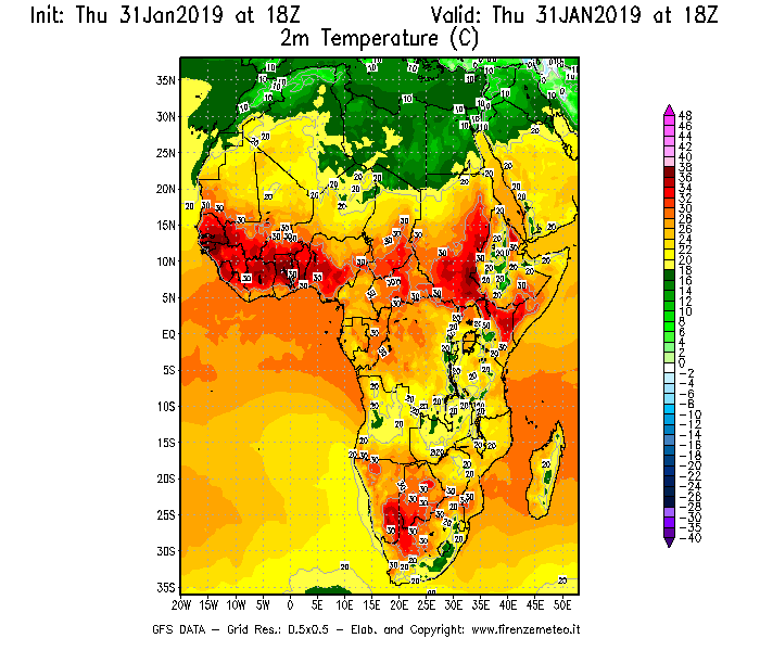 Mappa di analisi GFS - Temperatura a 2 metri dal suolo [°C] in Africa
							del 31/01/2019 18 <!--googleoff: index-->UTC<!--googleon: index-->