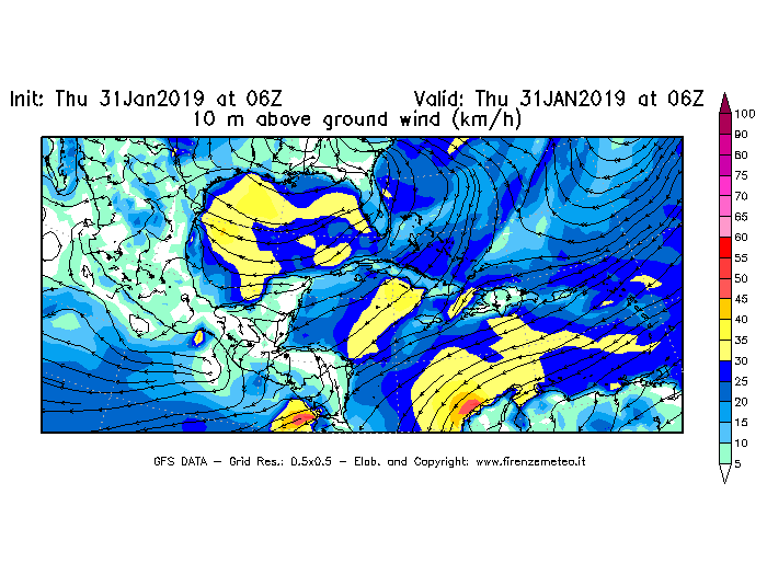 Mappa di analisi GFS - Velocità del vento a 10 metri dal suolo [km/h] in Centro-America
							del 31/01/2019 06 <!--googleoff: index-->UTC<!--googleon: index-->
