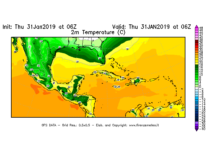 Mappa di analisi GFS - Temperatura a 2 metri dal suolo [°C] in Centro-America
							del 31/01/2019 06 <!--googleoff: index-->UTC<!--googleon: index-->