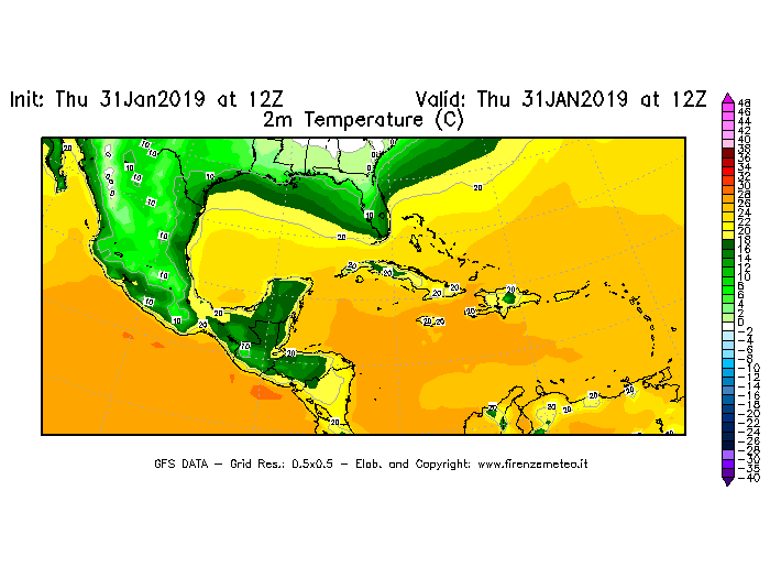 Mappa di analisi GFS - Temperatura a 2 metri dal suolo [°C] in Centro-America
							del 31/01/2019 12 <!--googleoff: index-->UTC<!--googleon: index-->