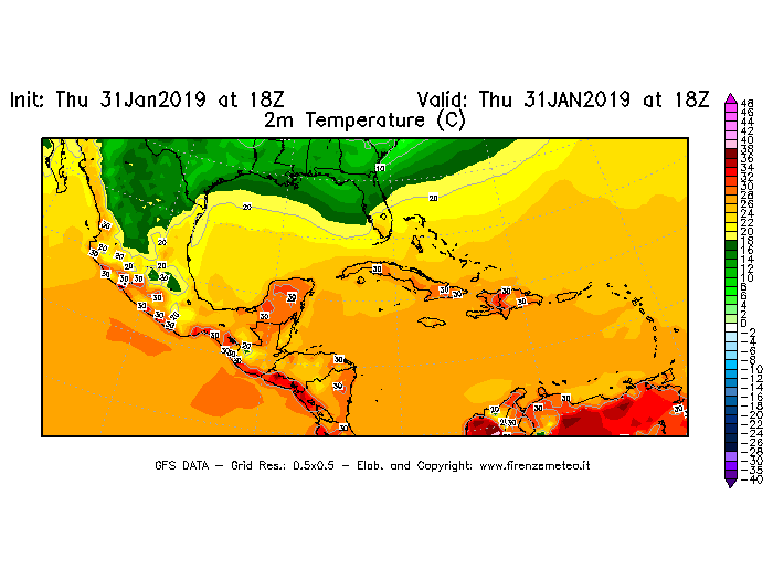 Mappa di analisi GFS - Temperatura a 2 metri dal suolo [°C] in Centro-America
							del 31/01/2019 18 <!--googleoff: index-->UTC<!--googleon: index-->