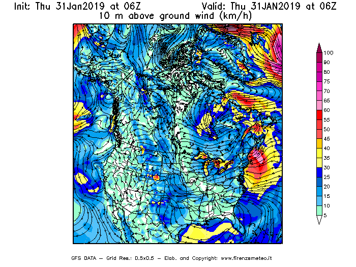 Mappa di analisi GFS - Velocità del vento a 10 metri dal suolo [km/h] in Nord-America
							del 31/01/2019 06 <!--googleoff: index-->UTC<!--googleon: index-->