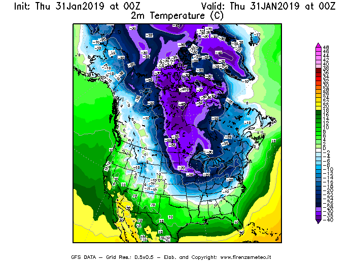 Mappa di analisi GFS - Temperatura a 2 metri dal suolo [°C] in Nord-America
							del 31/01/2019 00 <!--googleoff: index-->UTC<!--googleon: index-->