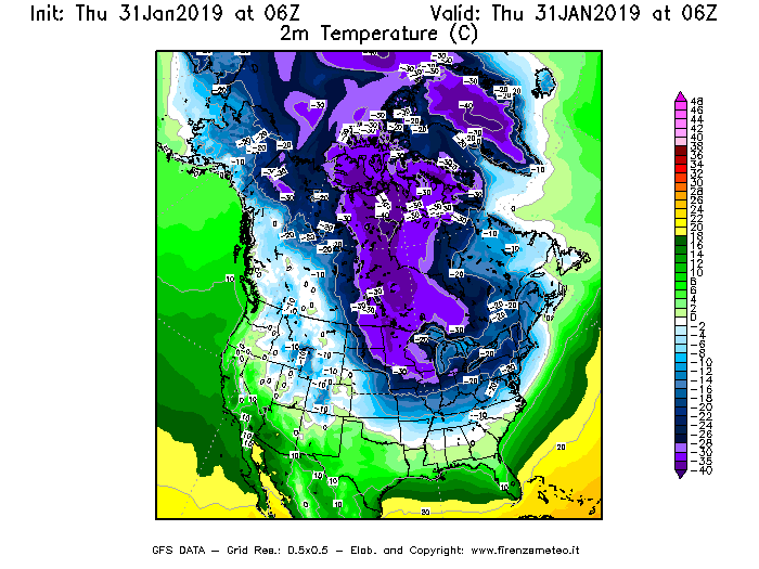 Mappa di analisi GFS - Temperatura a 2 metri dal suolo [°C] in Nord-America
							del 31/01/2019 06 <!--googleoff: index-->UTC<!--googleon: index-->